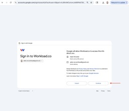 Google authorization screen showing permission request for signing in to Workload.