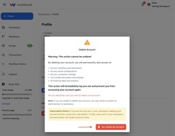 Confirmation window in Workload warning about data loss when you delete your Workload account.