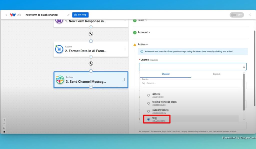 Select your channel to automate Google Forms and Slack with AI by Workload.