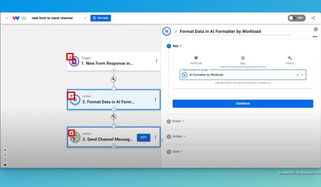 Make sure each node is green to automate Google Forms and Slack with AI by Workload.