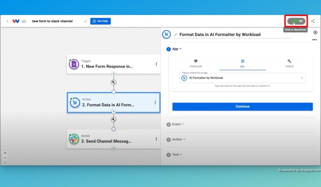 Activate your workflow to automate Google Forms and Slack with AI by Workload.