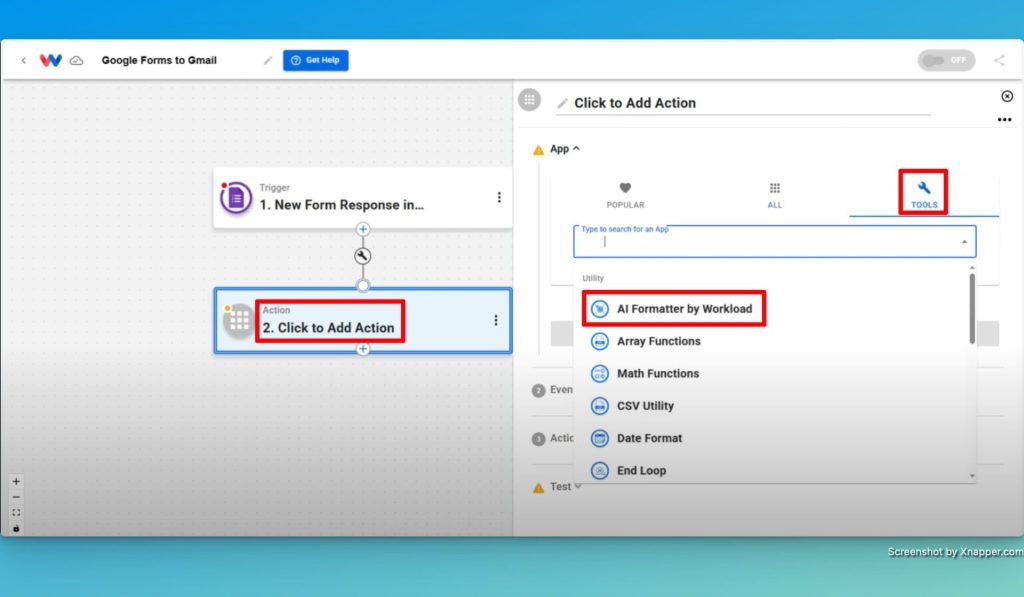 Add an AI Formatter by Workload step to integrate Google Forms and Gmail