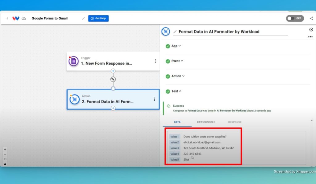 Add an AI Formatter by Workload step to integrate Google Forms and Gmail