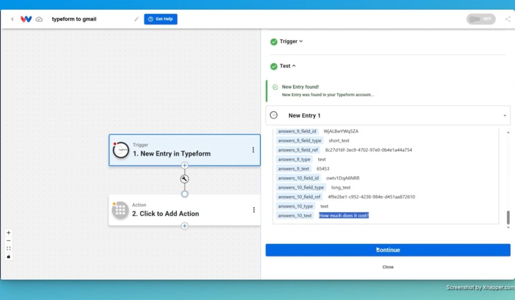 Review the response data from the Typeform trigger.