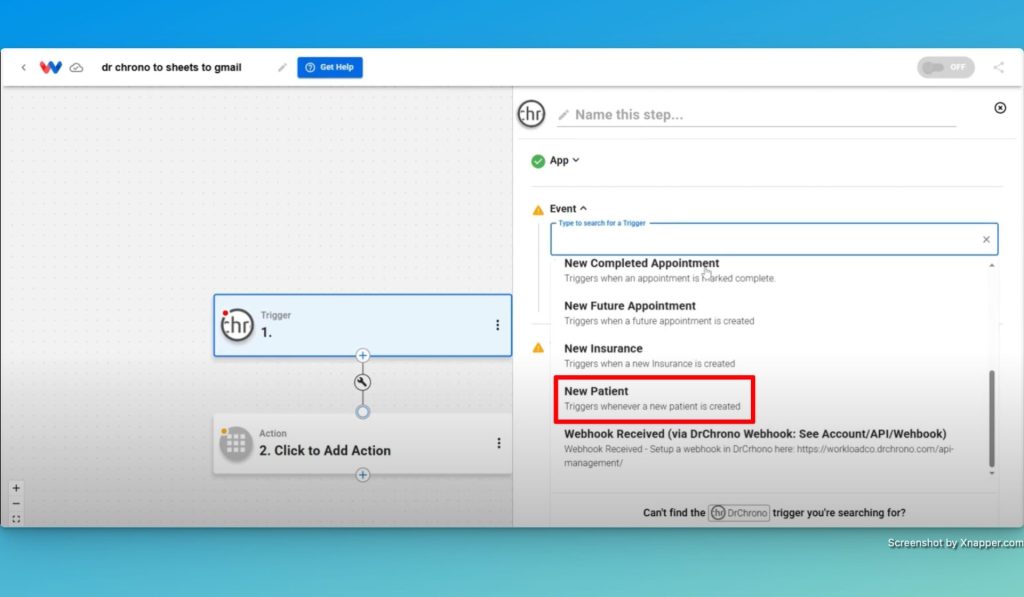 Select the trigger event "New Patient" in DrChrono.