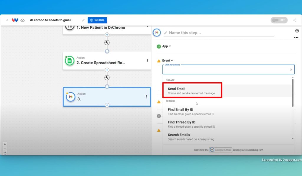 Select the action event "Send Email" in Gmail.