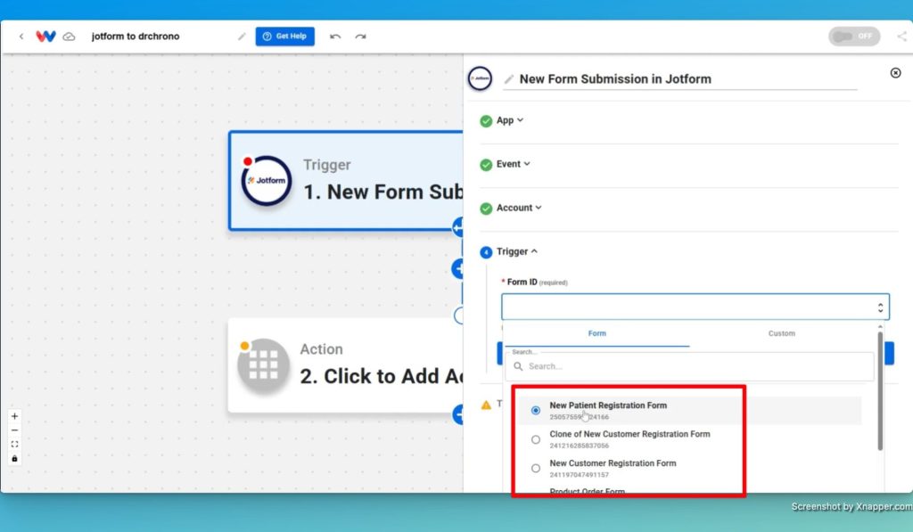 Select the form in Jotform for the trigger to monitor.