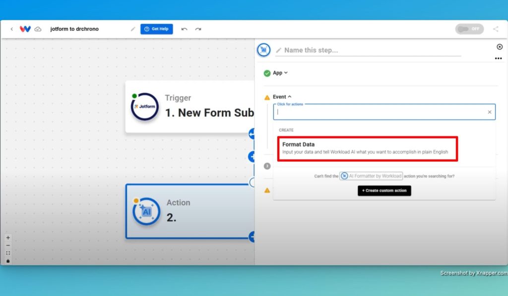 Select the action event "Format Data" so that you can automate new patient creation.