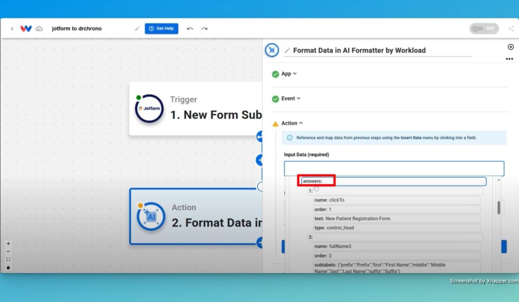 Map the "answers" data from the Jotform trigger as the Input Data.