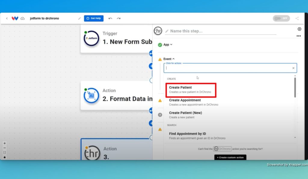 Select the "Create Patient" action event in DrChrono.