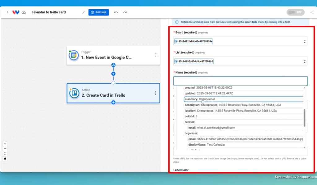 Map the data from the trigger step that you want to add to your Trello card.