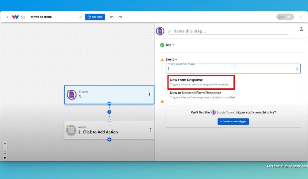 Setup your trigger by choosing the "New Form Response" trigger event in Google Forms.