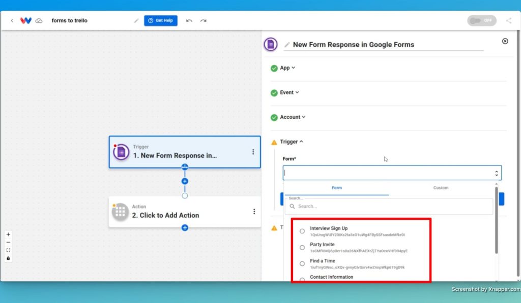 Select the form in Google Forms for the trigger to monitor.