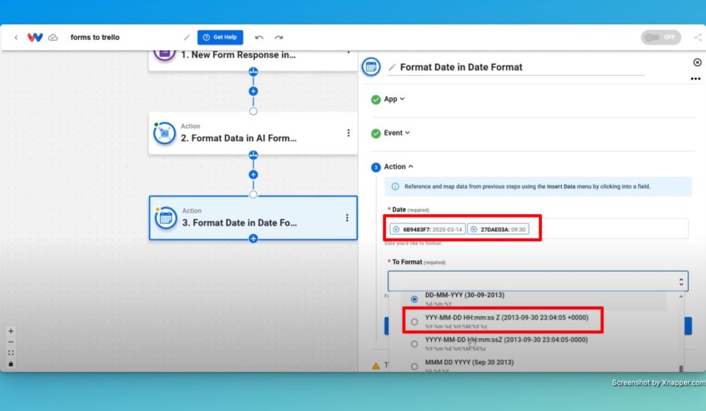 If using the date for your upcoming "Create Card" in Trello, add a "Format Date" step from the Tools menu.