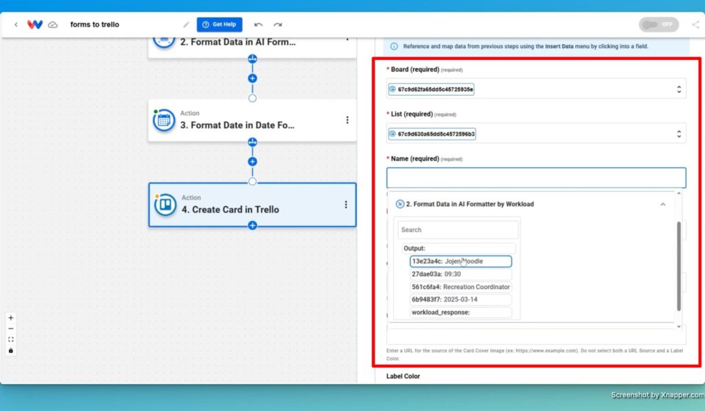 Map the data from the formatting steps that you want to use to create the card in Trello.