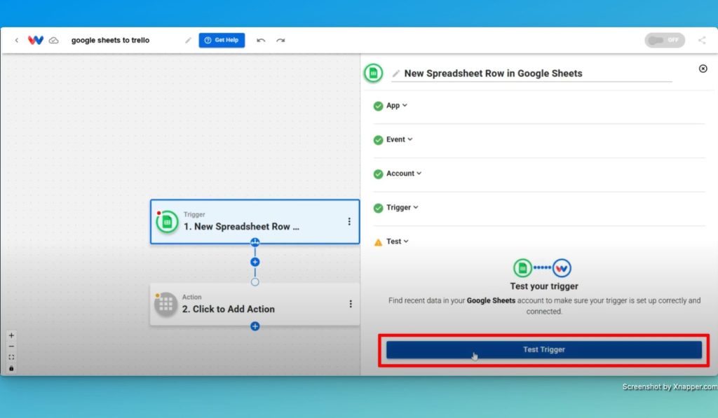 Test the Google Sheets trigger.