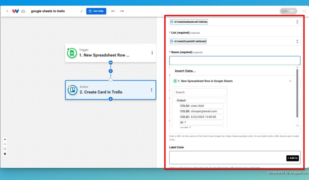 Map the data into the "Create Card" step by selecting the data from the trigger that you want to use in your Trello card.