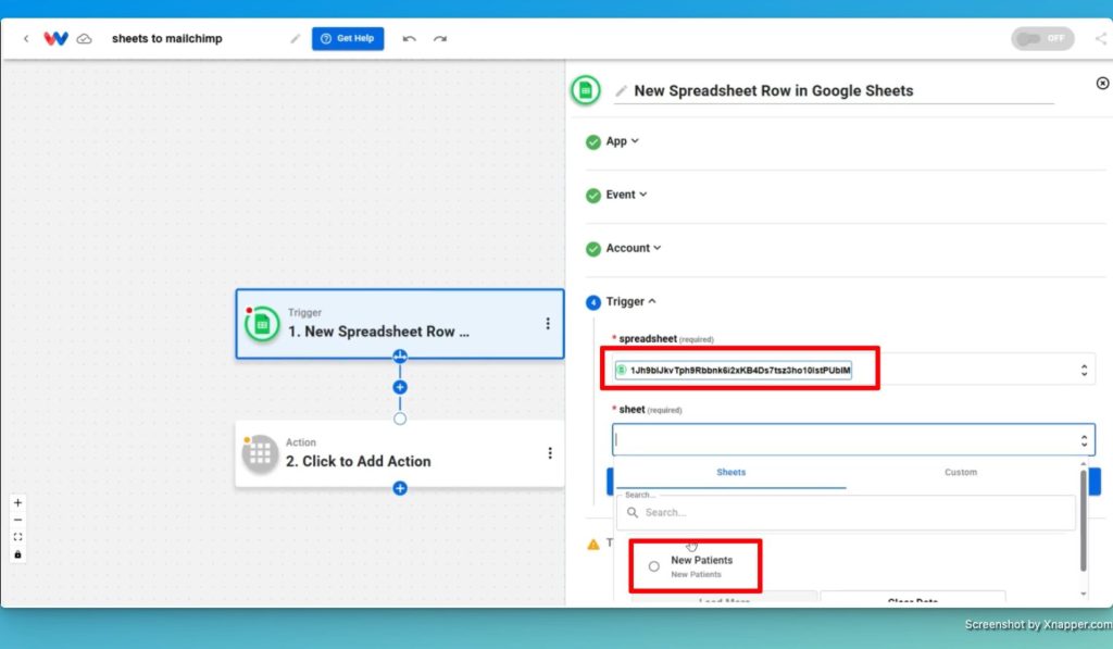 Select the Google Sheets spreadsheet and sheet that you want the trigger to monitor.