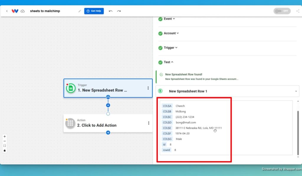 Review the Google Sheets trigger response and decide upon the details that you will want to use in the Mailchimp step.