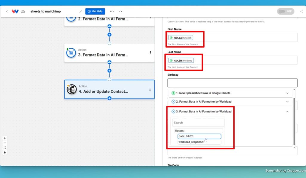 Map the data from the trigger and AI Formatter steps into the Mailchimp fields to setup your Google Sheets Mailchimp Integration.