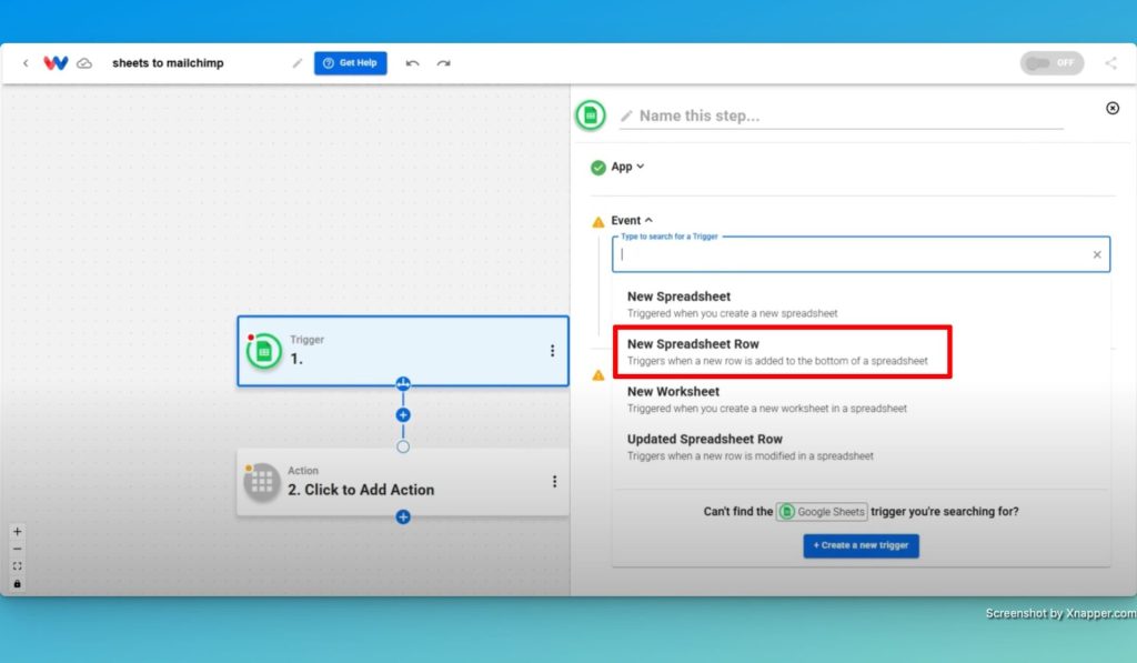 Select the Google Sheets app for the trigger and then choose the trigger event "New Spreadsheet Row."