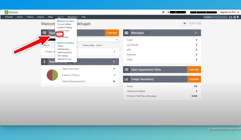 You will now need to setup your DrChrono account to complete the DrChrono Google Calendar Integration webhook. Start by clicking on "API" in the "Account" menu.
