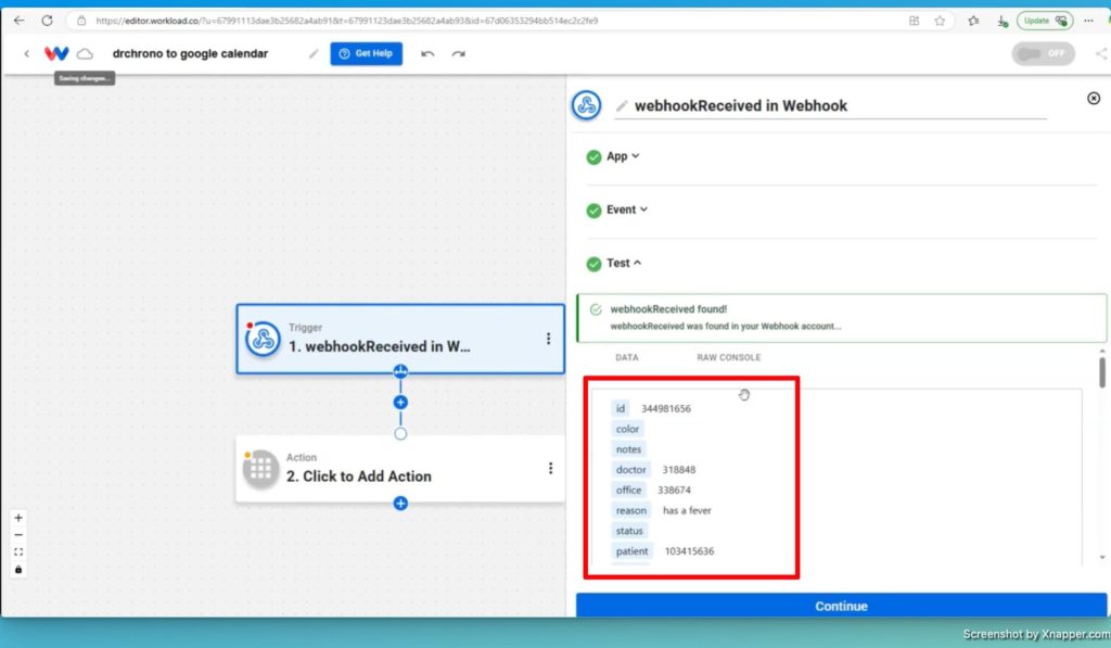 Review the data from the Webhook trigger and decide which fields will be used in the Google Calendar step.