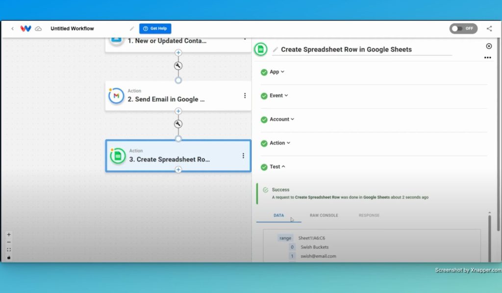 This is an example of another action step. This step is to "Create Spreadsheet Row" in Google Sheets.