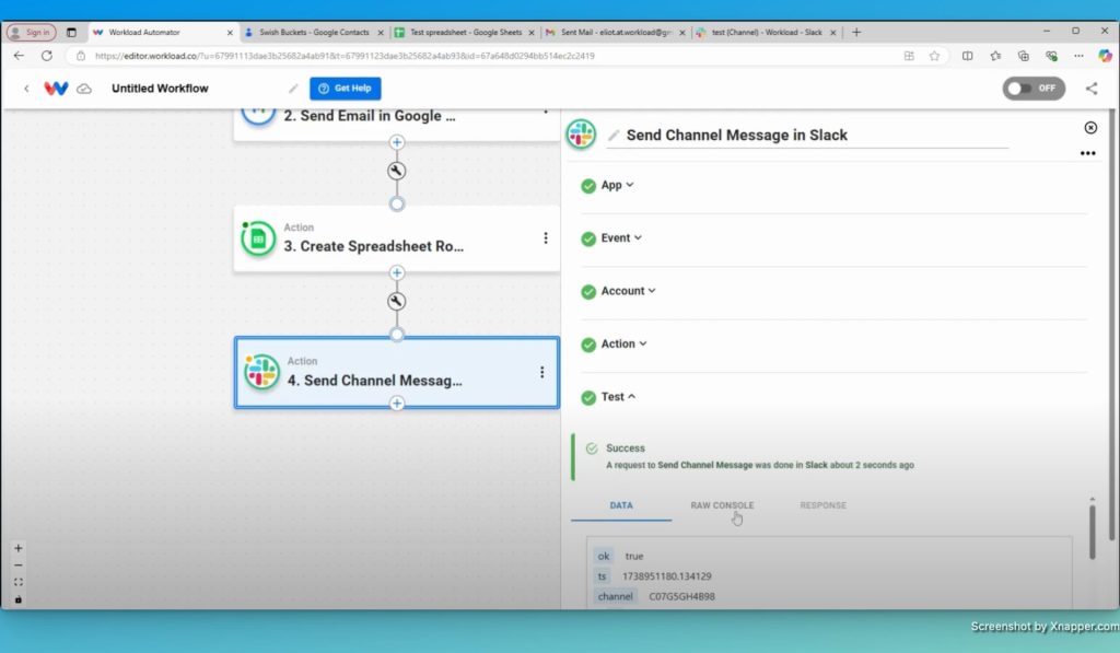 This is an example of a third action step in a workflow automation. This step is to "Send Channel Message" in Slack.