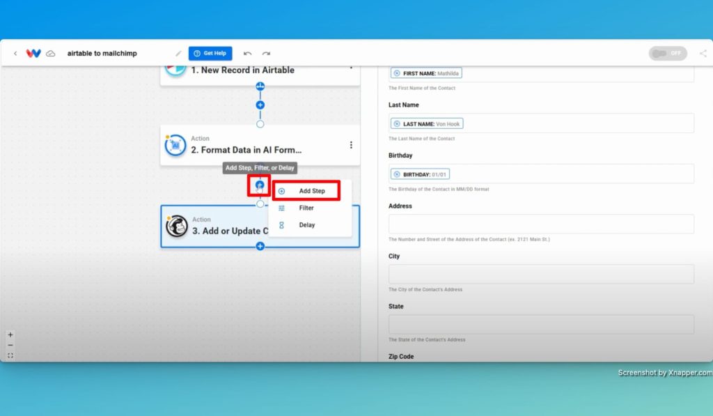 If needed, add an intermediate step to format more data, such as the address field.