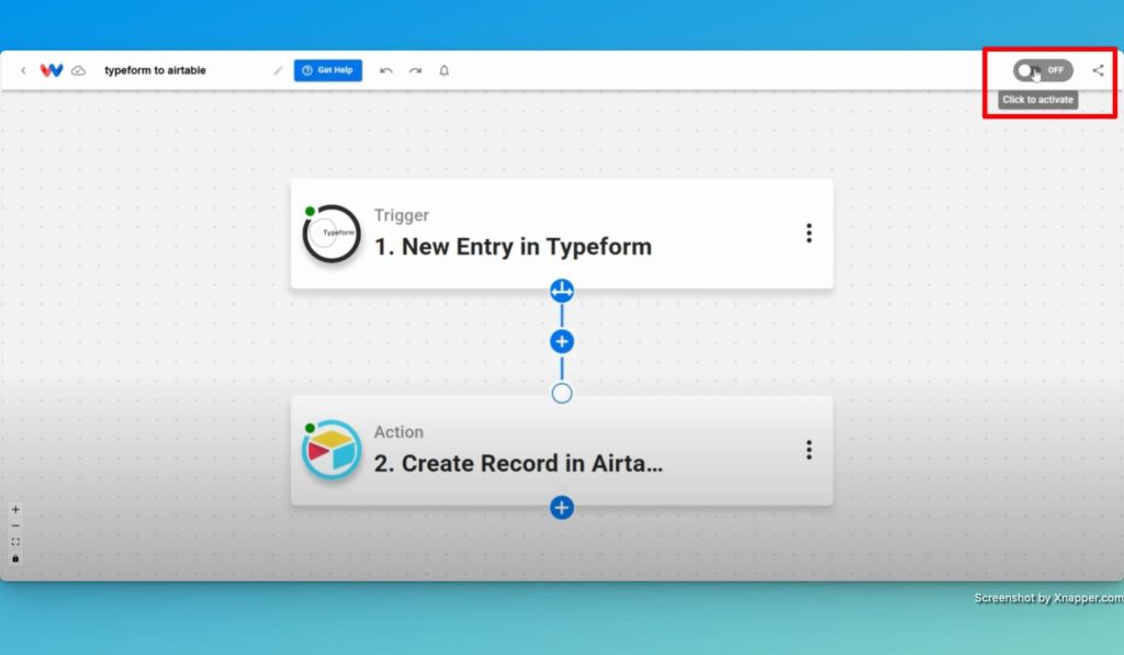 Activate your Typeform to Airtable Integration by clicking the on/off toggle.