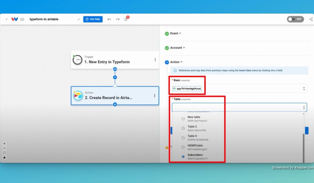 Select Airtable base and table that you want to create the record within.