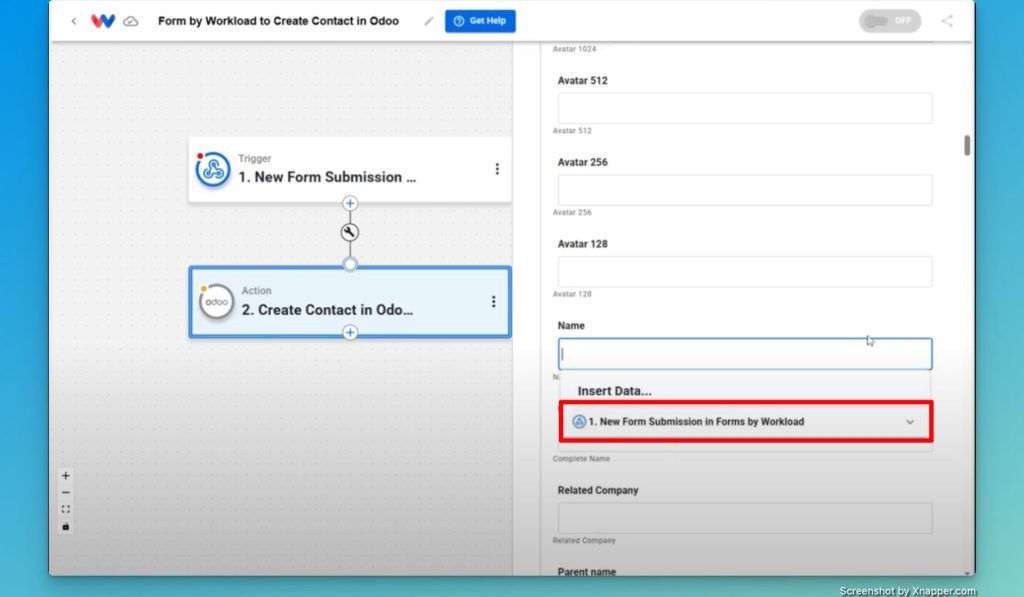 Selecting fields to map data for Odoo contact creation