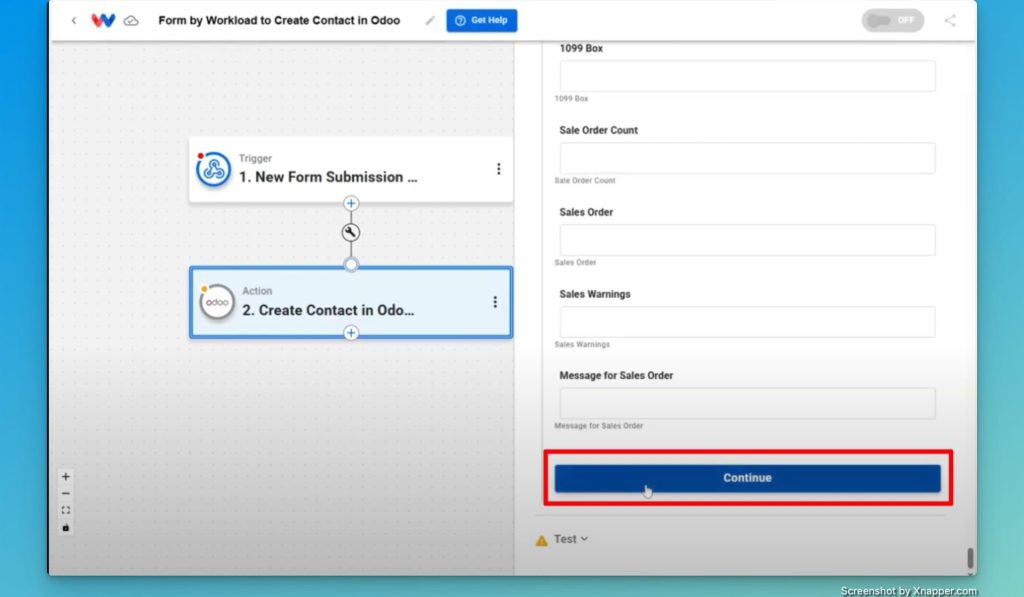 Click continue to send data to the Odoo contact creation workflow