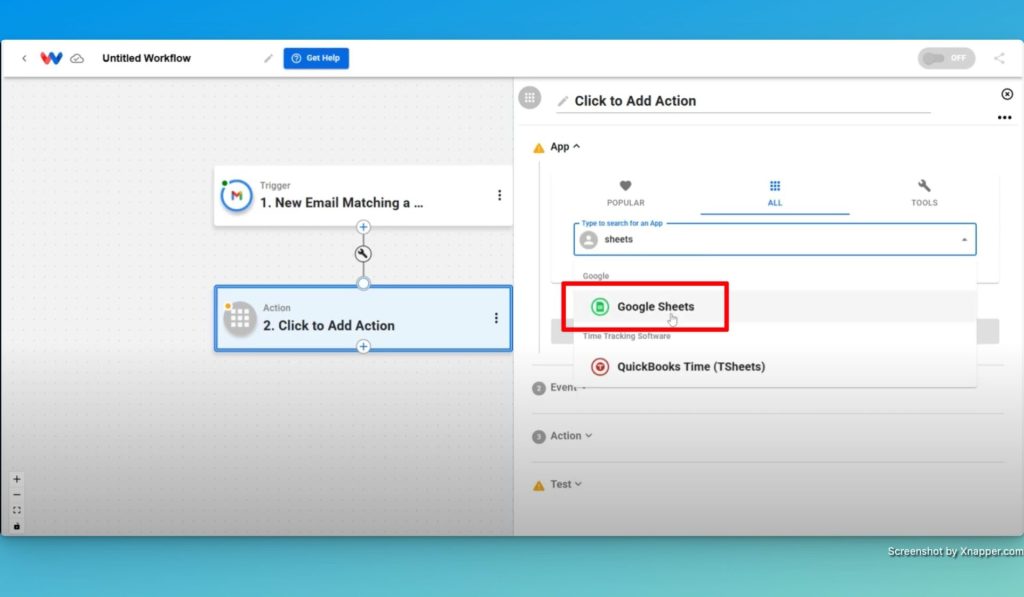 Choose "Google Sheets" for your action step.