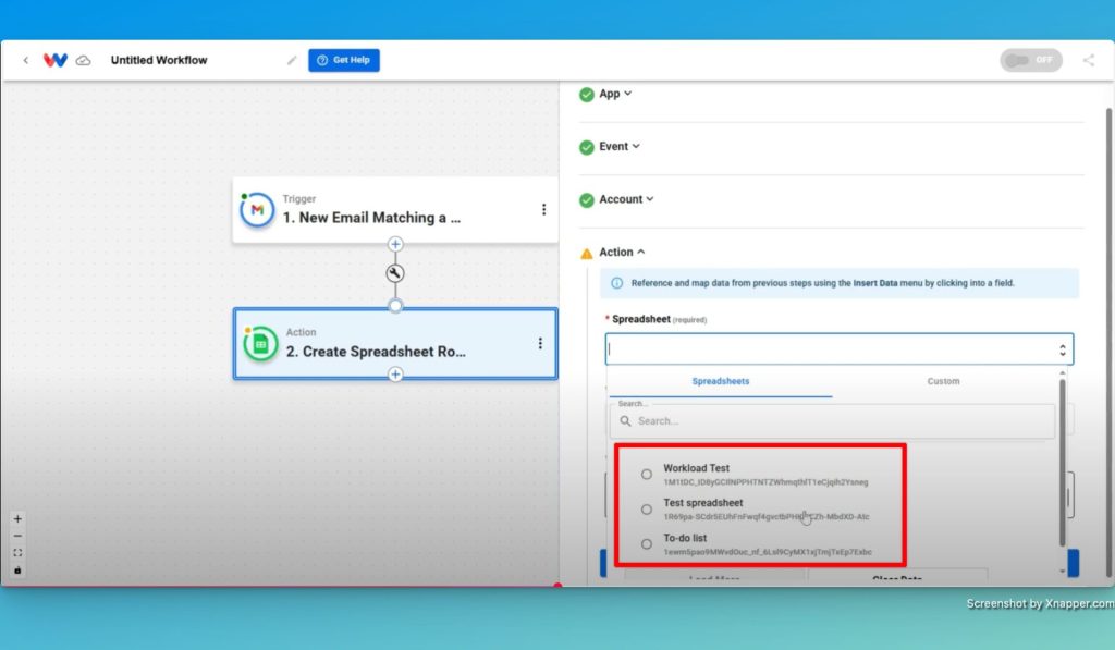 Select the spreadsheet that contains the worksheet you want to update with your Gmail to Google Sheets automation.