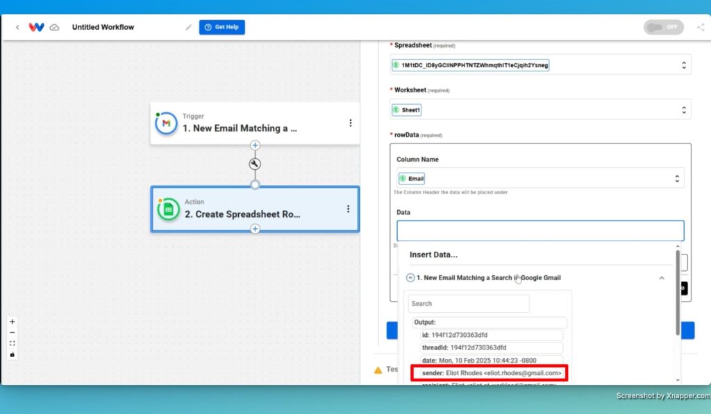 Map the data you want to include in your Gmail to Google Sheets automation.