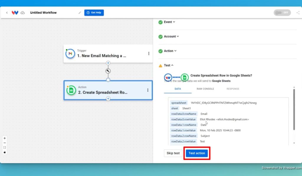 Test your google sheets action step with the mapped data.