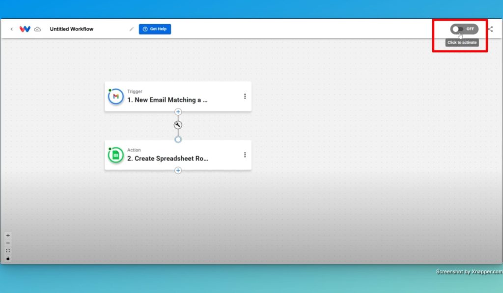 Activate your Gmail to Google Sheets automation workflow by clicking the toggle and activating the workflow.