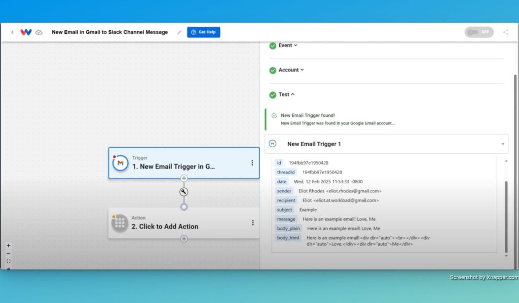 If successful, your Gmail trigger will show you results like this.