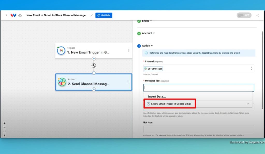 Map the data from the trigger into the Slack "Send Channel Message" step.