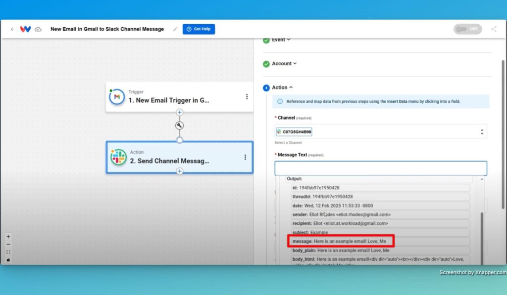 Map the data from the trigger into the Slack "Send Channel Message" step.